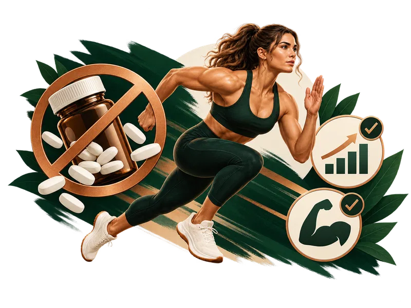 Illustrated runner beside a crossed-out pill bottle, representing avoiding medication solely for workout performance—not stopping prescribed treatment.