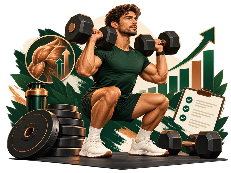 Illustrated lifter with dumbbells, weight plates, and a training checklist representing purposeful progression.