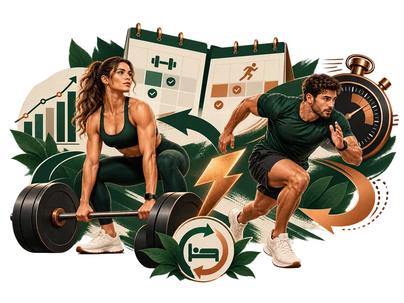 Illustrations of strength training and running around a training calendar, with a recovery symbol.