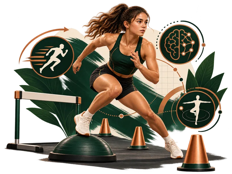Illustrated athlete with cones, a hurdle, and symbols for balance, coordination, and speed.