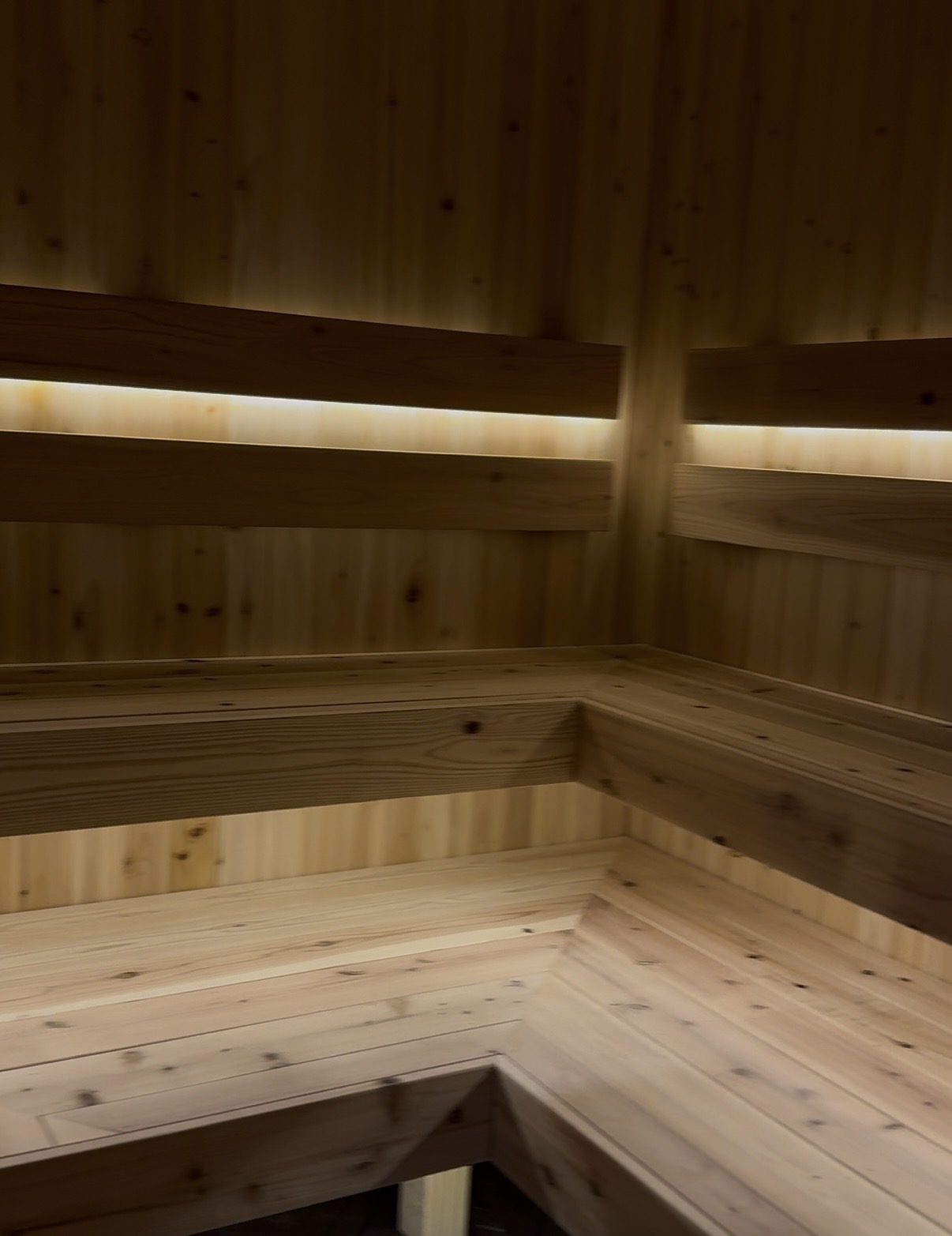 Tiered wooden seating in the Ace Athletics sauna