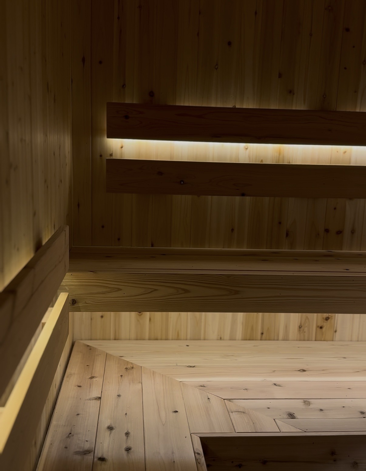 Wood benches and warm accent lighting inside the Ace Athletics sauna