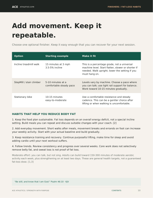 Preview of incline-walking and StepMill finisher options