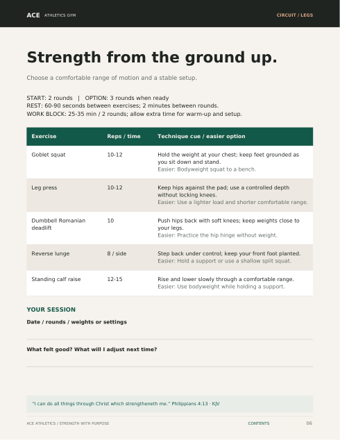 Preview of the full legs circuit with five exercises and easier options
